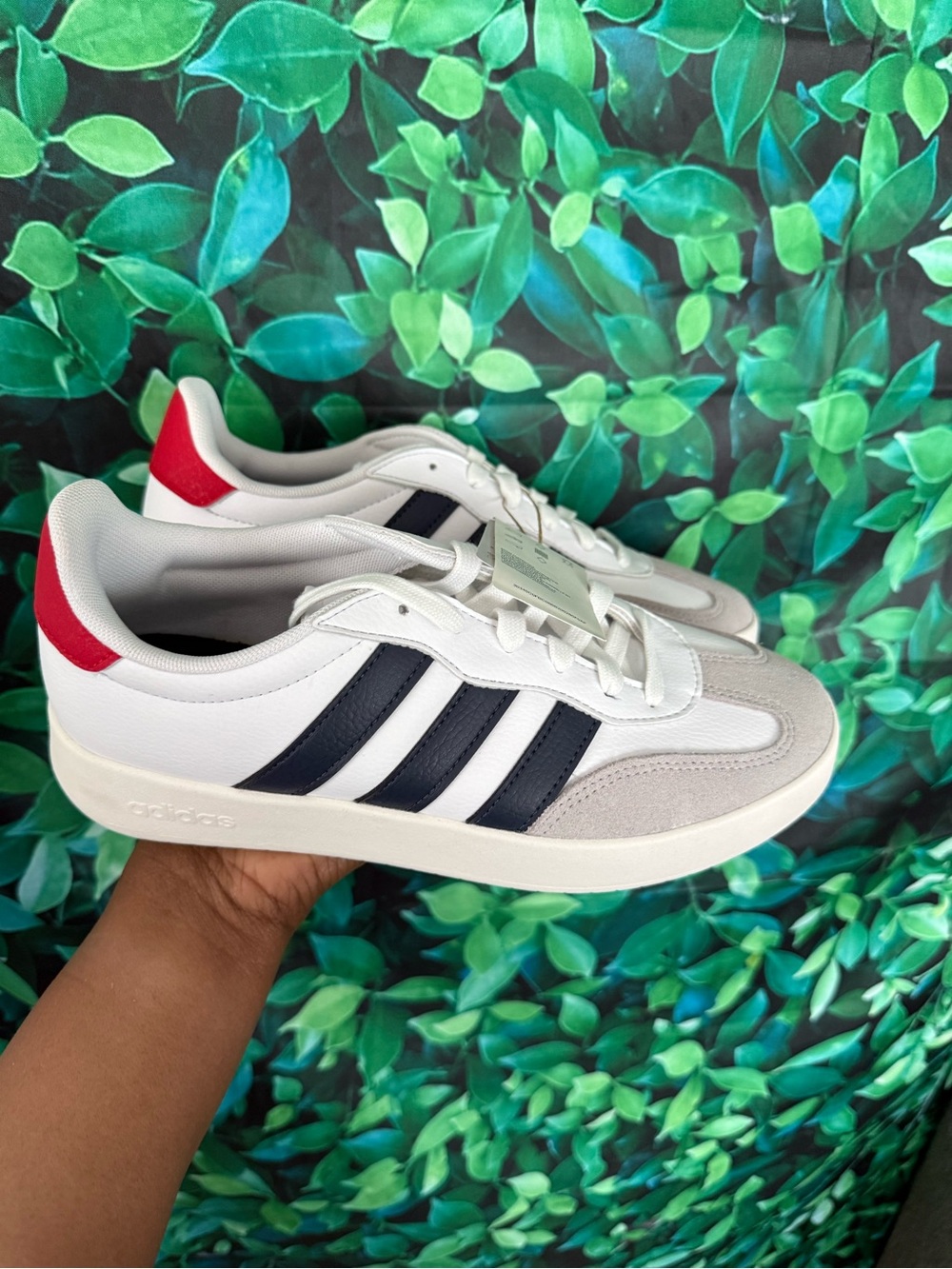 Men’s adidas White Sneakers with Navy Stripes and Red Heel Tab